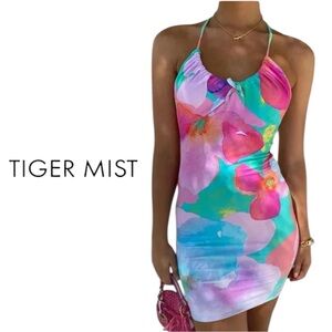 Tiger Mist Watercolor Bloom Mini Halter Dress Size Small